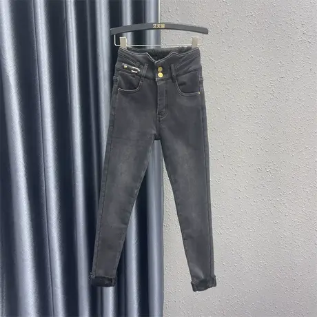 个性贴布铅笔裤女23冬季新款黑色高腰显瘦加绒保暖外穿紧身牛仔裤商品大图