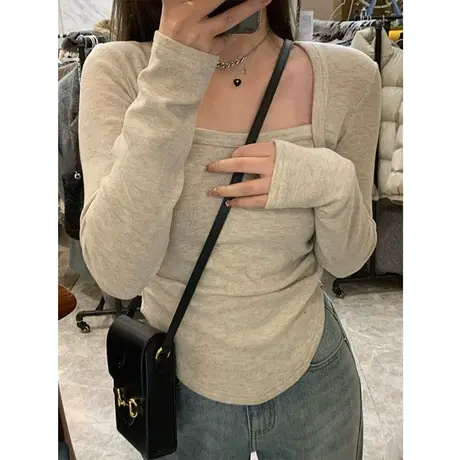 纯欲甜辣不规则方领打底衫女秋冬内搭修身显瘦设计感小众别致上衣商品大图