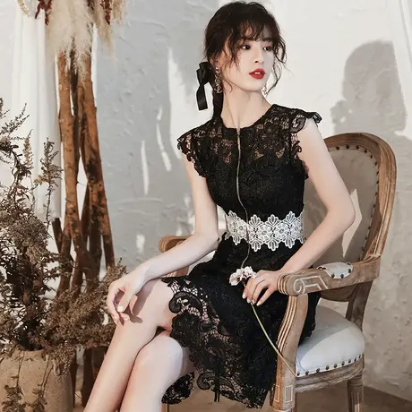 黑色小晚礼服裙子平时可穿连衣裙女2023新款生日派对宴会蕾丝短款图片
