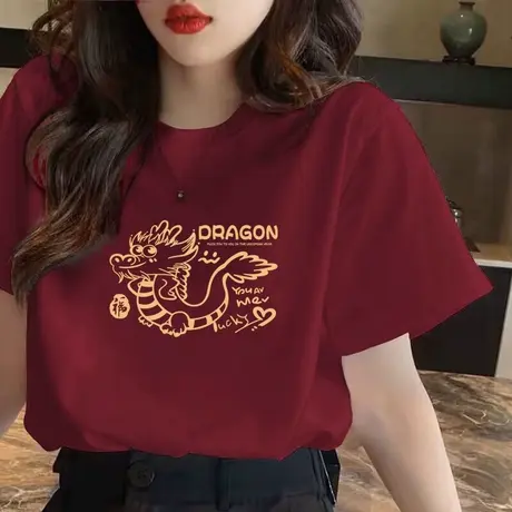 酒红色简约韩版纯棉短袖T恤女2024夏季新款宽松小众设计感上衣潮商品大图