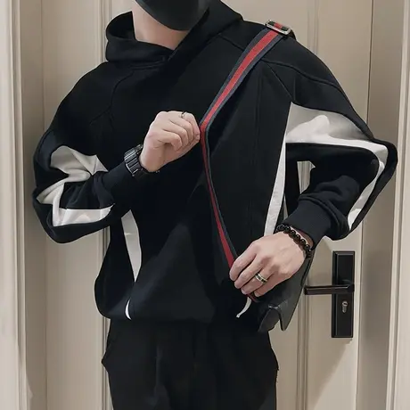 美式撞色拼接连帽卫衣男春季新款潮牌重磅宽松休闲ins长袖T恤上衣图片