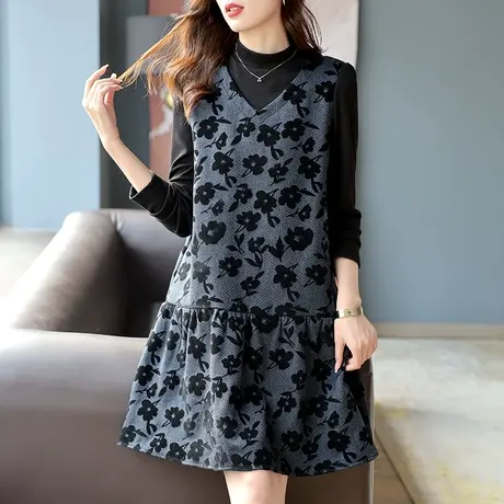 宝诗黎假两件提花拼接连衣裙复古扎染2024春季新款气质百搭长袖女商品大图