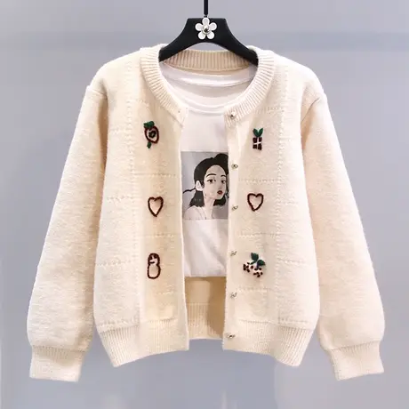 小清新刺绣圆领毛衣外套女春装2024新款宽松慵懒风减龄针织开衫图片