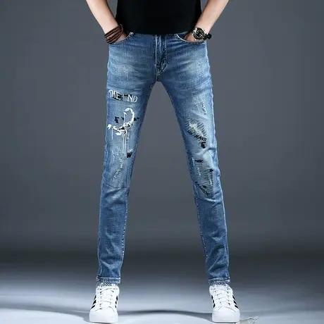2024新款春秋季男士高端刺绣牛仔裤男款小脚修身裤子潮流蓝色长裤商品大图