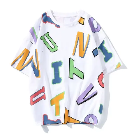 港士博全棉印花字母个性短袖T恤男圆领宽松半袖体恤打底衫上衣服t商品大图