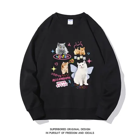 潮流趣味猫咪印花卫衣男女港风秋冬新款宽松休闲圆领套头上衣图片