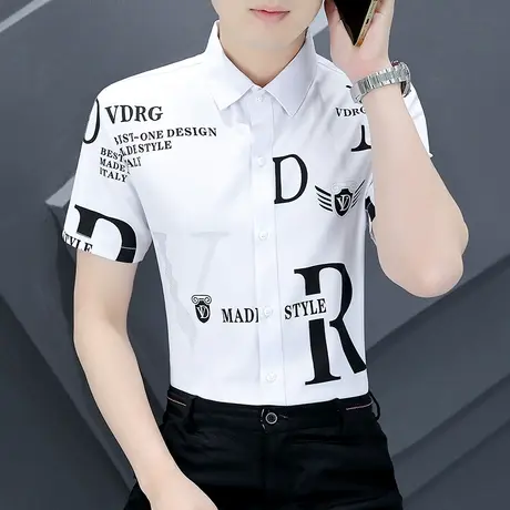 衬衫男士夏季韩版潮流印花上衣痞帅男装潮牌免烫个性百搭短袖衬衣商品大图