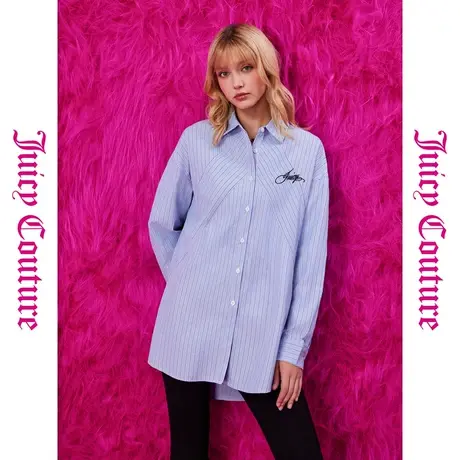 Juicy Couture橘滋秋冬款蓝调时光撞色绣花条纹拼接阔版女衬衫商品大图