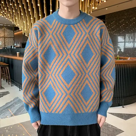 冬季男士毛衣宽松格子针织衫韩版潮流打底衫个性日系潮加厚毛线衣商品大图