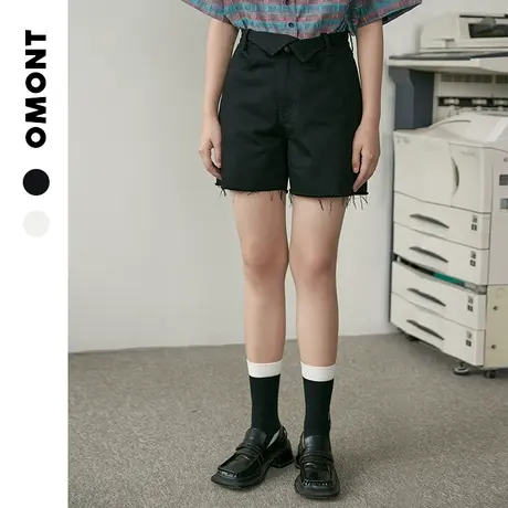 omont蛋挞家 复古高腰毛边黑色牛仔短裤女夏薄款不规则显瘦直筒裤图片