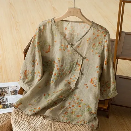 享永子七分袖苎麻碎花上衣女夏文艺复古棉麻小衫宽松显瘦2023新款商品大图