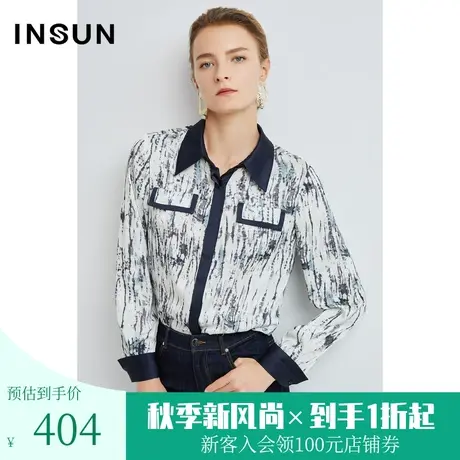 恩裳初春秋潮流撞色衣边时尚休闲百搭印花衬衫上衣图片