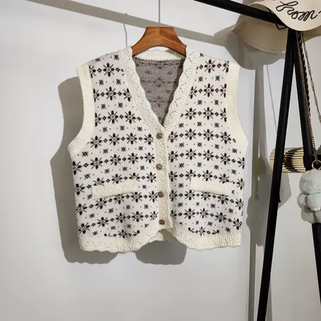 针织马甲开衫女秋冬新款韩版宽松v领学院风无袖坎肩毛衣背心外穿商品大图
