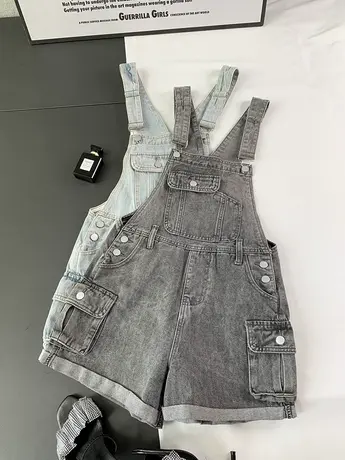 2023新款口袋工装牛仔背带短裤女夏季时尚小个子减龄卷边阔腿热裤商品大图