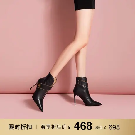 熙漫2022秋冬新款短靴时尚拼接拉链加绒靴子气质尖头细跟真皮女靴图片