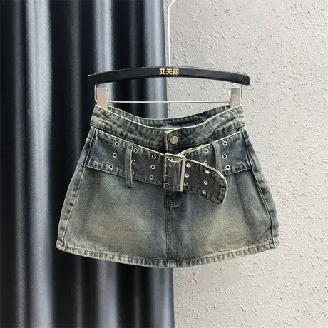 秋季新款宽腰带设计时尚辣妹A字牛仔短裙女高腰显瘦防走光半身裙图片