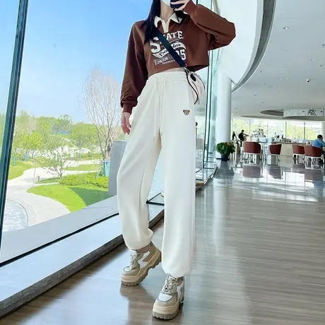 华夫格阔腿运动裤女2023年春秋新款高腰直筒宽松显瘦束脚两穿卫裤商品大图