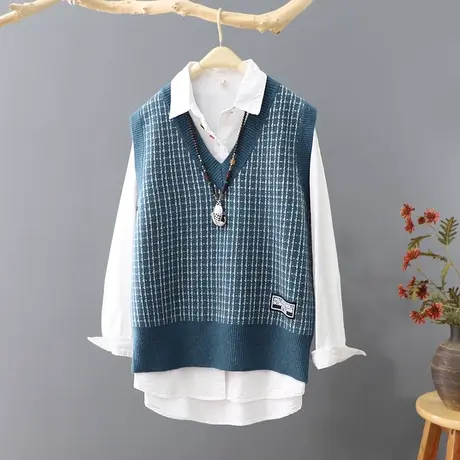 V领格子针织背心2023春秋新品无袖毛衣短款马夹贴布坎肩宽松马甲图片