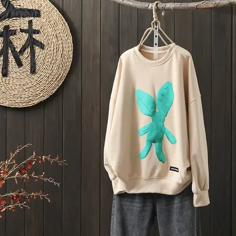 枫谜2022年春装新款文艺韩版卡通印花毛圈卫衣女宽松套头休闲上衣图片