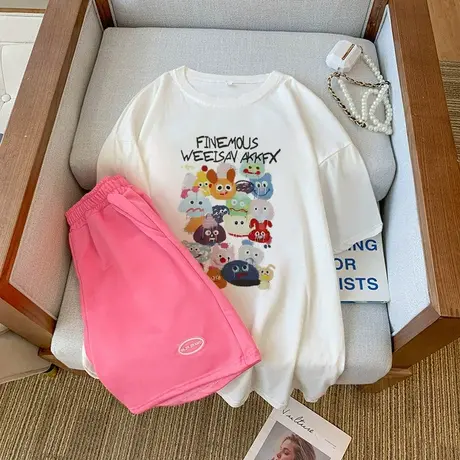 网红盐系炸街运动服套装女夏季纯棉宽松短袖短裤小个子休闲两件套商品大图