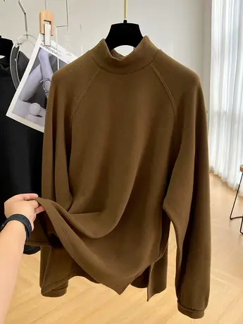 设计感小众宽松大版半高领长袖双面磨毛德绒打底衫女秋冬T恤上衣商品大图