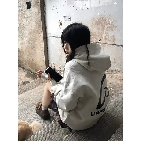 美式复古连帽卫衣女2023新款春秋薄款设计感小众韩版宽松上衣外套图片