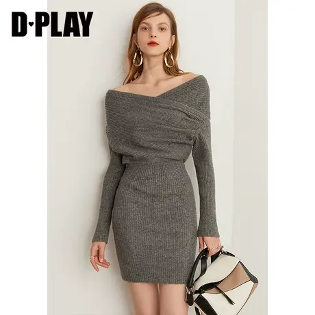 DPLAY秋装新灰色法式假两件包臀显瘦针织连衣裙复古一字肩短裙图片