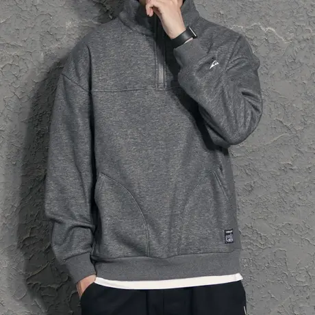 秋冬季2021新款卫衣男士潮牌亨利领宽松摇粒绒加厚纯色立领外套潮商品大图