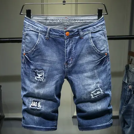 贝勒犀牛夏季男士牛仔裤裤子宽松直筒刺绣潮流百搭五分短裤马裤男商品大图