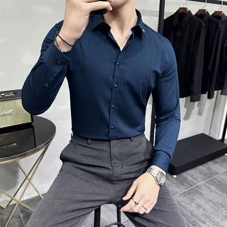 暗条纹衬衫男长袖秋季新款潮流时尚内敛精英商务通勤西服内搭寸衣图片