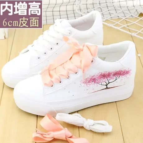 新款皮面小白鞋隐形内增高女鞋2023春秋低帮学生韩版百搭透气防滑商品大图