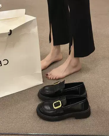 小皮鞋女2023年秋季新款一脚蹬厚底乐福鞋复古圆头黑色英伦风鞋子商品大图