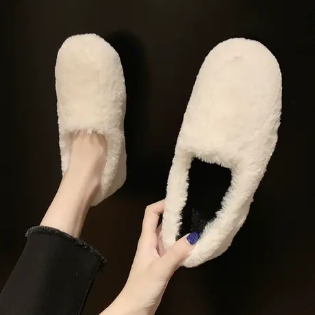 网红毛毛鞋女冬外穿2023秋季新款平底羊羔毛女鞋一脚蹬豆豆鞋加绒商品大图