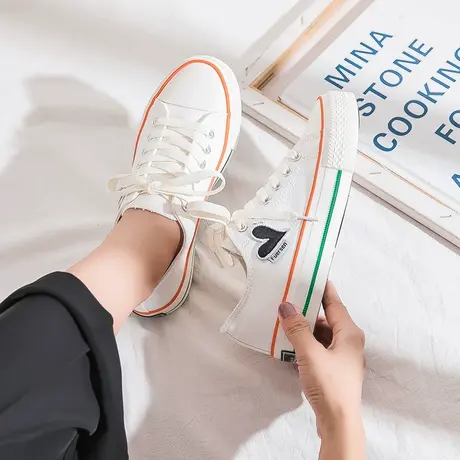 爱心帆布鞋女夏季薄款2021年新款ulzzang百搭学生白色平底板鞋潮商品大图