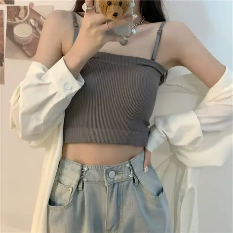 纯色别致螺纹吊带小背心女内搭带胸垫内衣打底设计感小众抹胸上衣图片