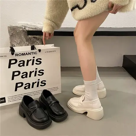 法式厚底复古白色乐福单鞋女鞋子2024新款春秋黑色英伦风小皮鞋潮商品大图