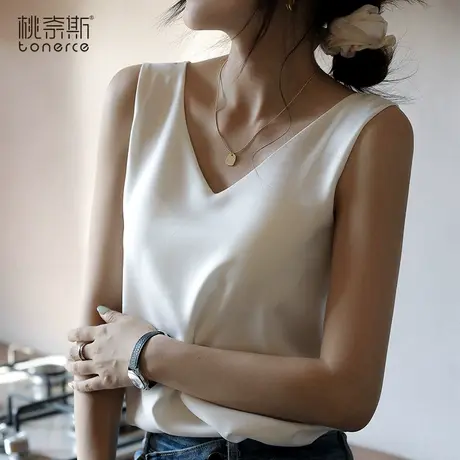 吊带背心女夏外穿白色法式V领西装内搭冰丝绸缎打底宽松无袖上衣商品大图