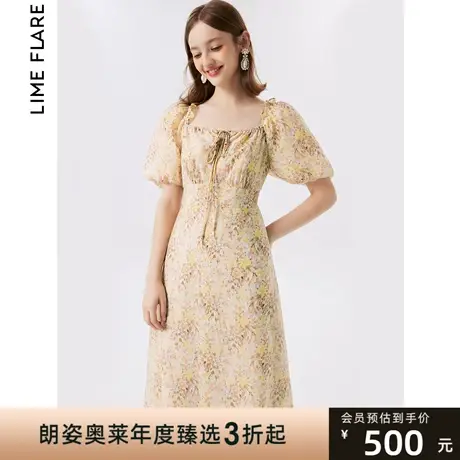 莱茵福莱尔2023夏季方领泡泡袖碎花露背新款连衣裙系带度假风裙子商品大图