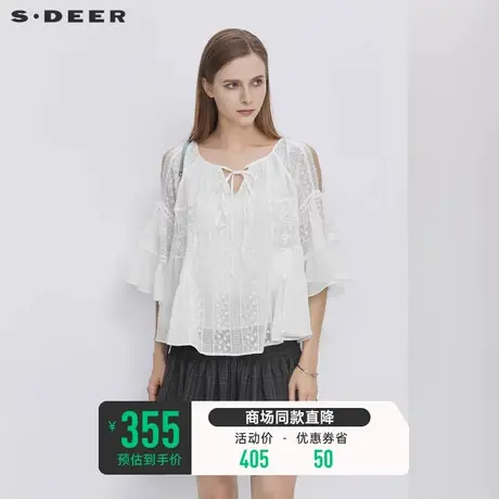 sdeer圣迪奥夏装镂空钩花苎麻系带不规则少女露肩衬衫女S21280608商品大图