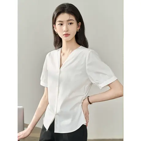 【商场同款】茵曼法式通勤衬衣2023夏女装新款V领短袖小衫上衣图片
