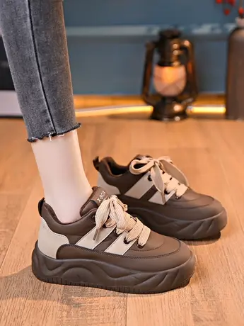厚底黑色老爹鞋女2023款冬季加绒运动休闲松糕面包鞋百搭增高板鞋图片