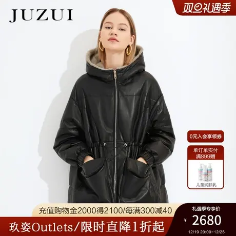 【3折】JUZUI玖姿奥莱官方冬羊皮连帽抽绳水貂毛领女羽绒服外套商品大图