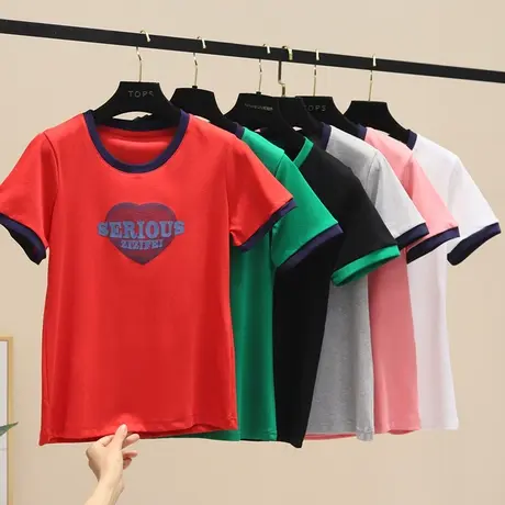 韩版设计感爱心字母印花撞色圆领短袖T恤时尚辣妹炸街复古修身衫商品大图