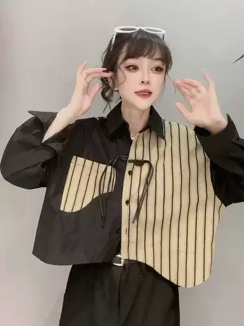 2023秋季新款百搭翻领条纹拼接不对称设计国风盘扣装饰长袖衬衫女商品大图