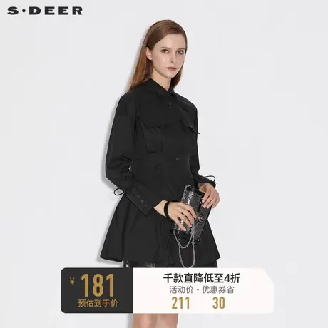 sdeer圣迪奥女装春秋装休闲翻领压褶系带黑色长袖衬衫S21360535商品大图