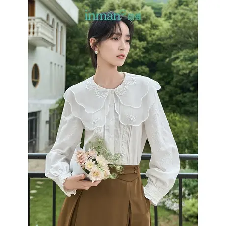 茵曼欧根纱双层领绣花衬衣2023秋女装新款全棉提花灯笼袖长袖上衣商品大图