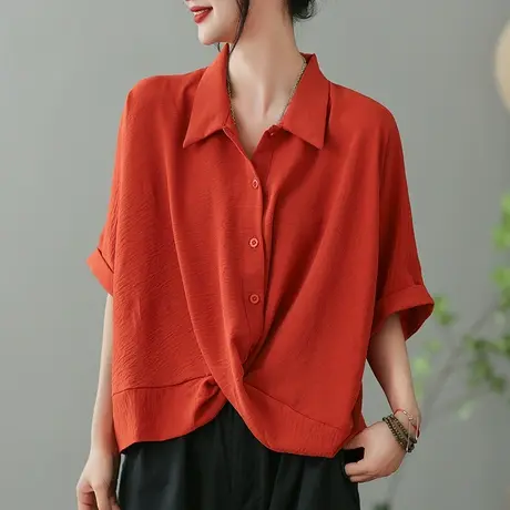 dza 复古蝙蝠袖纯色衬衫女2023夏季交叉褶皱衬衣气质漂亮套头上衣图片