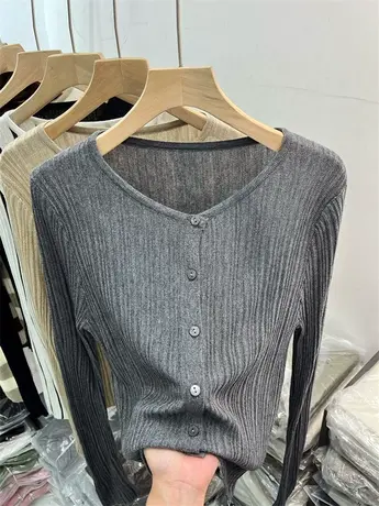 单排扣羊毛针织开衫轻薄修身上衣女2023年早秋长袖百搭坑条打底衫商品大图