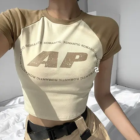 修身辣妹夏季高腰百搭体恤美式复古短袖t恤女小众独特短款上衣女图片