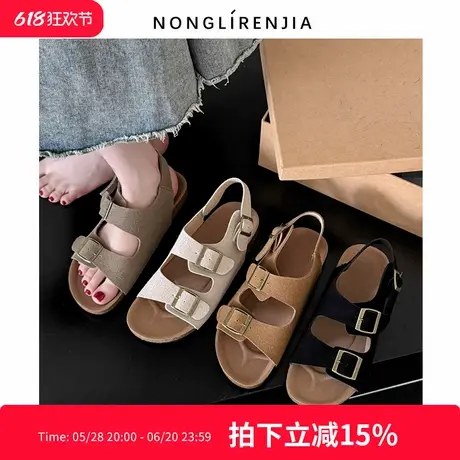 弄里人佳大码女鞋41-42码凉鞋25夏新款复古罗马风平底鞋40宽胖脚商品大图